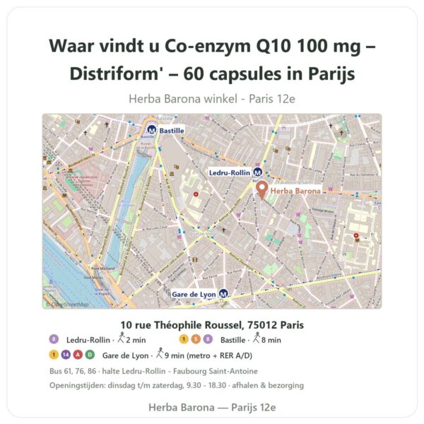 Waar vindt u Co-enzym Q10 100 mg – Distriform' – 60 capsules in Parijs - winkelplattegrond Herba Barona Paris 12e