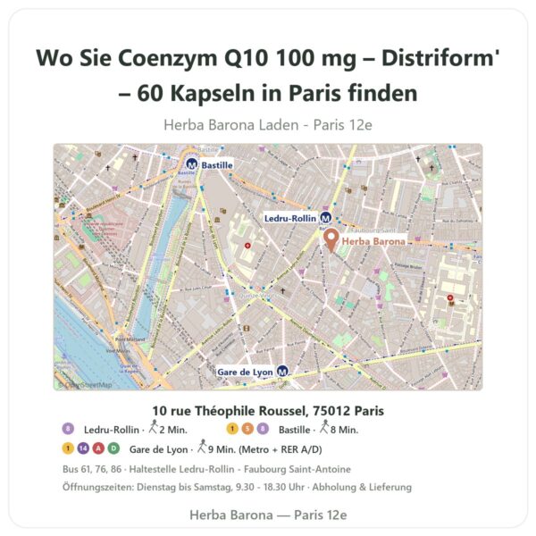 Wo finden Sie Coenzym Q10 100 mg – Distriform' – 60 Kapseln in Paris - Ladenplan Herba Barona Paris 12e