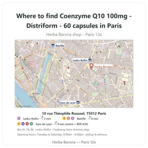 Where to find Coenzyme Q10 100mg - Distriform - 60 capsules in Paris - store map Herba Barona Paris 12e