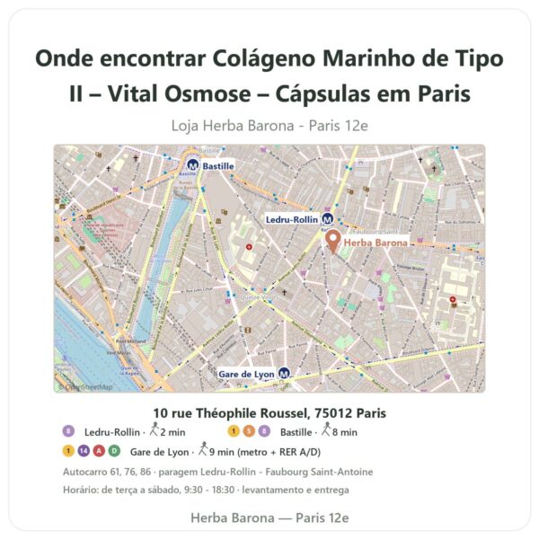 Onde encontrar Colágeno Marinho de Tipo II – Vital Osmose – Cápsulas em Paris - mapa da loja Herba Barona Paris 12e