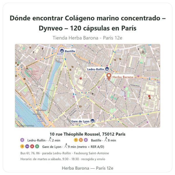 Dónde encontrar Colágeno marino concentrado – Dynveo – 120 cápsulas en París - plano de la tienda Herba Barona Paris 12e