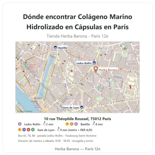 Dónde encontrar Colágeno Marino Hidrolizado en Cápsulas en París - plano de la tienda Herba Barona Paris 12e