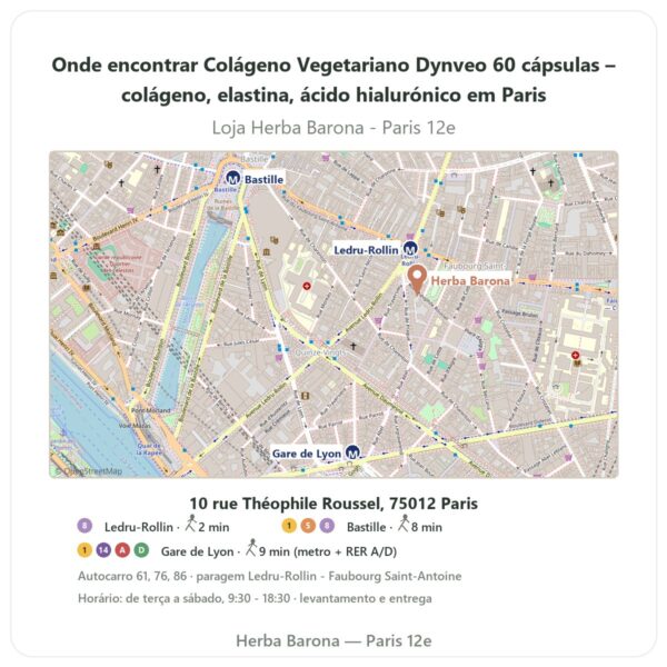 Onde encontrar Colágeno Vegetariano Dynveo 60 cápsulas – colágeno, elastina, ácido hialurónico em Paris - mapa da loja Herba Barona Paris 12e