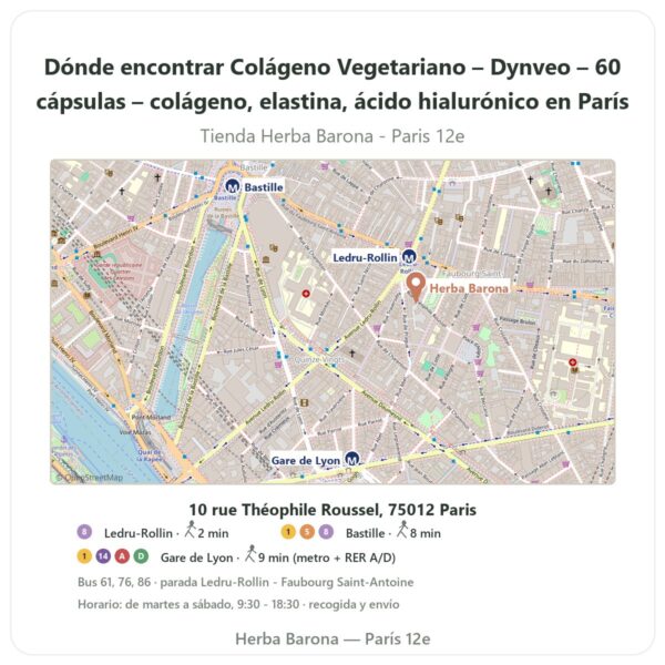 Dónde encontrar Colágeno Vegetariano – Dynveo – 60 cápsulas – colágeno, elastina, ácido hialurónico en París - plano de la tienda Herba Barona Paris 12e