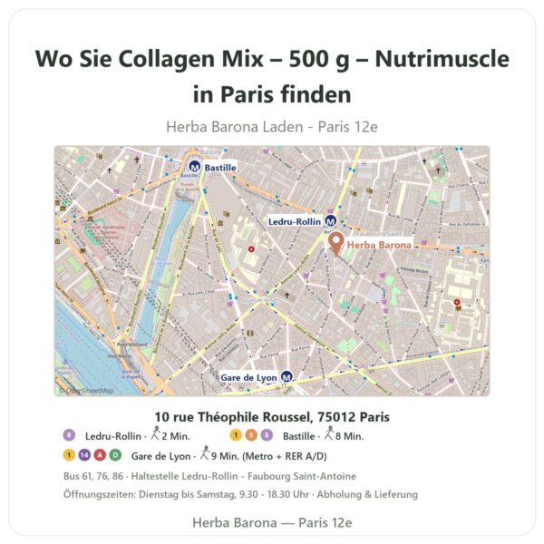 Wo finden Sie Collagen Mix – 500 g – Nutrimuscle in Paris - Ladenplan Herba Barona Paris 12e