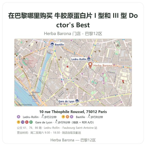 牛胶原蛋白片 I 型和 III 型 Doctor's Best 巴黎哪里能买到 - 门店地图 Herba Barona Paris 12e