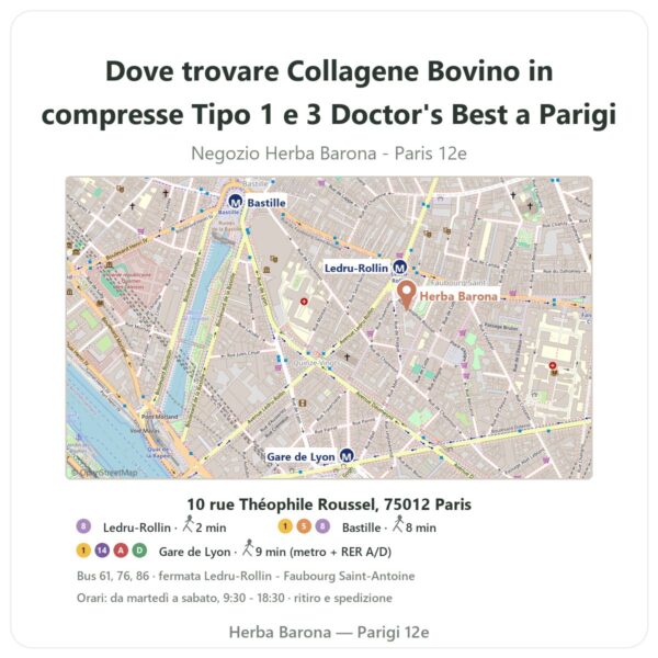Dove trovare Collagene Bovino in compresse Tipo 1 e 3 Doctor's Best a Parigi - mappa del negozio Herba Barona Paris 12e