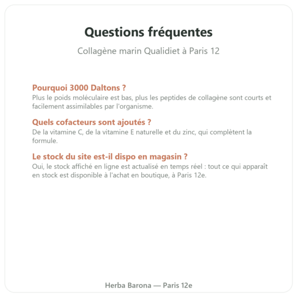 Collagene marin 3000 Da Qualidiet 90 gelules questions frequentes Paris Herba Barona