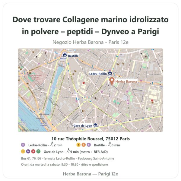 Dove trovare Collagene marino idrolizzato in polvere – peptidi – Dynveo a Parigi - mappa del negozio Herba Barona Paris 12e