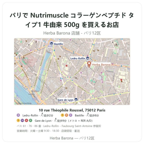 Where to find Nutrimuscle コラーゲンペプチド タイプ1 牛由来 500g in Paris - store map Herba Barona Paris 12e