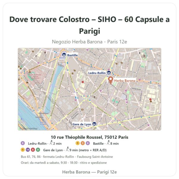 Dove trovare Colostro – SIHO – 60 Capsule a Parigi - mappa del negozio Herba Barona Paris 12e