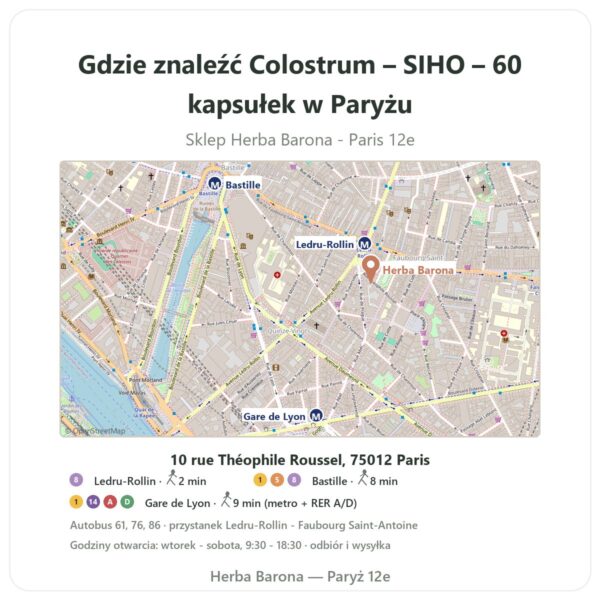 Gdzie znaleźć Colostrum – SIHO – 60 kapsułek w Paryżu - mapa sklepu Herba Barona Paris 12e