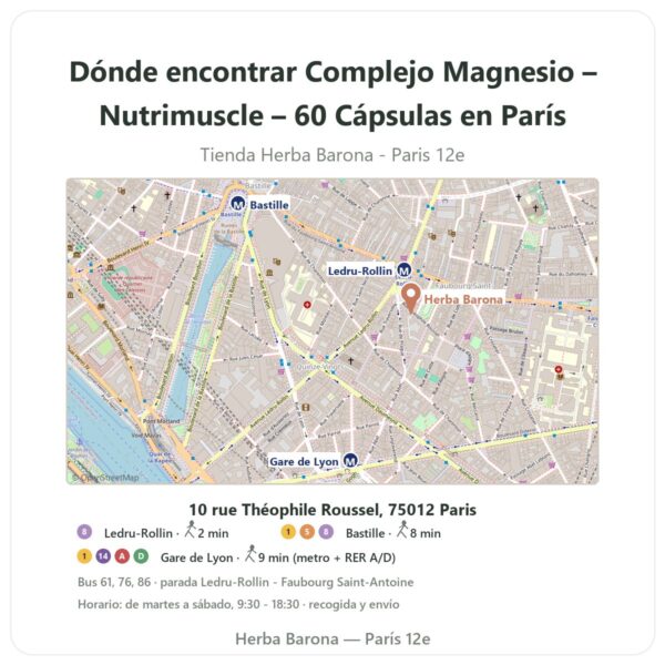Dónde encontrar Complejo Magnesio – Nutrimuscle – 60 Cápsulas en París - plano de la tienda Herba Barona Paris 12e