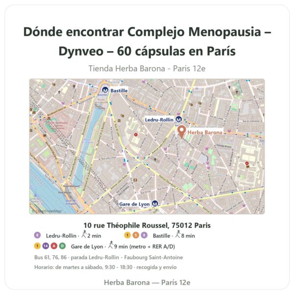 Dónde encontrar Complejo Menopausia – Dynveo – 60 cápsulas en París - plano de la tienda Herba Barona Paris 12e