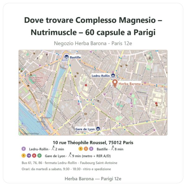 Dove trovare Complesso Magnesio – Nutrimuscle – 60 capsule a Parigi - mappa del negozio Herba Barona Paris 12e