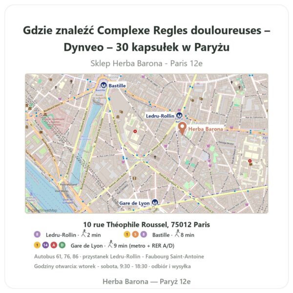 Gdzie znaleźć Complexe Regles douloureuses – Dynveo – 30 kapsułek w Paryżu - mapa sklepu Herba Barona Paris 12e