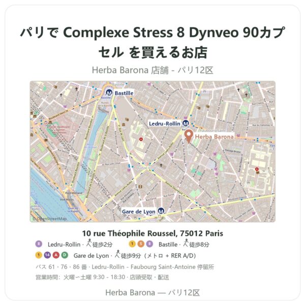 Where to find Complexe Stress 8 Dynveo 90カプセル in Paris - store map Herba Barona Paris 12e