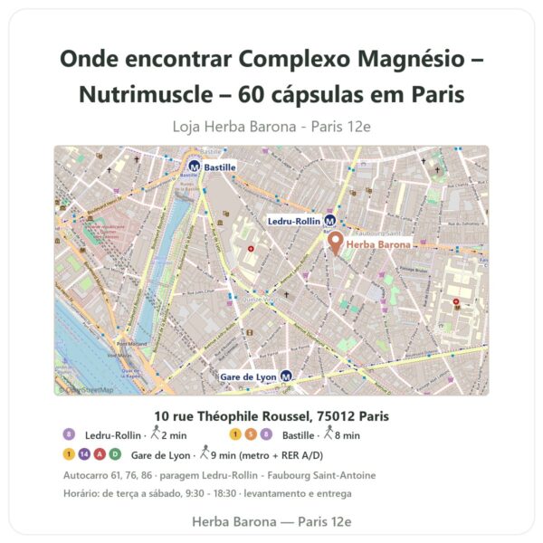 Onde encontrar Complexo Magnésio – Nutrimuscle – 60 cápsulas em Paris - mapa da loja Herba Barona Paris 12e