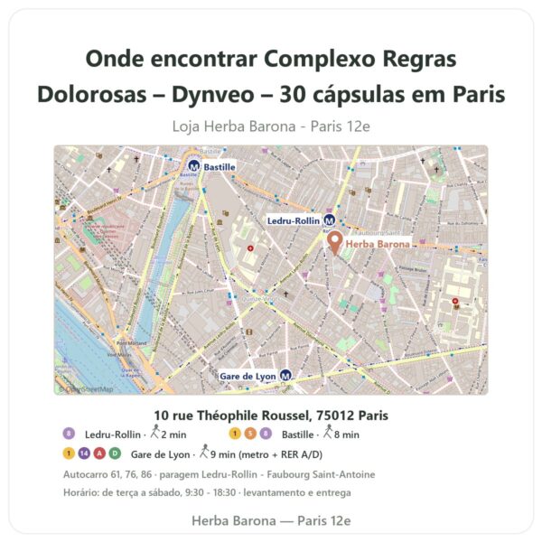 Onde encontrar Complexo Regras Dolorosas – Dynveo – 30 cápsulas em Paris - mapa da loja Herba Barona Paris 12e