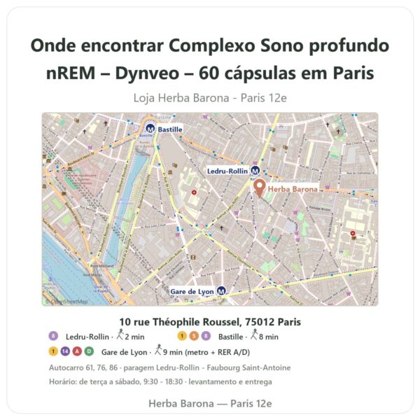Onde encontrar Complexo Sono profundo nREM – Dynveo – 60 cápsulas em Paris - mapa da loja Herba Barona Paris 12e