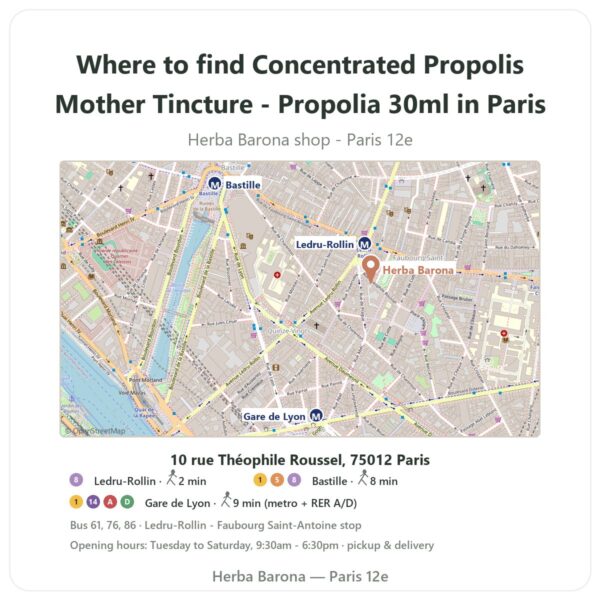 Where to find Concentrated Propolis Mother Tincture - Propolia 30ml in Paris - store map Herba Barona Paris 12e