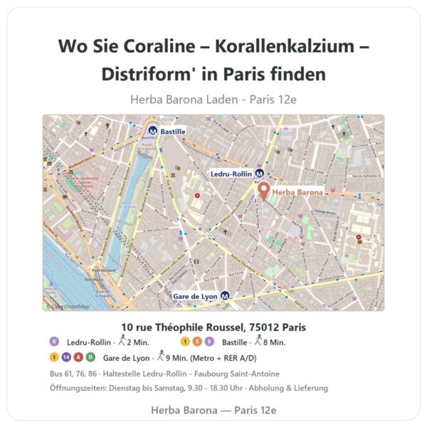 Wo finden Sie Coraline – Korallenkalzium – Distriform' in Paris - Ladenplan Herba Barona Paris 12e