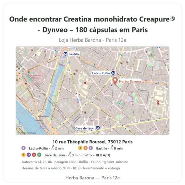 Onde encontrar Creatina monohidrato Creapure® - Dynveo – 180 cápsulas em Paris - mapa da loja Herba Barona Paris 12e