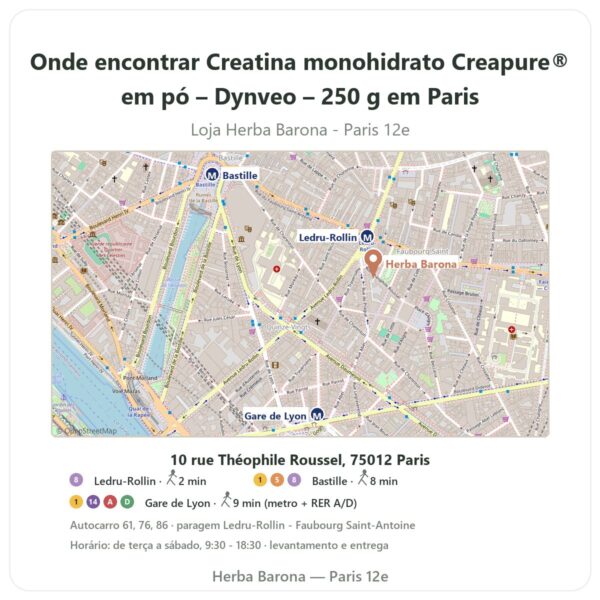 Onde encontrar Creatina monohidrato Creapure® em pó – Dynveo – 250 g em Paris - mapa da loja Herba Barona Paris 12e