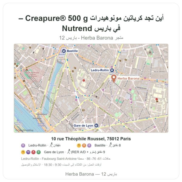 أين تجد كرياتين مونوهيدرات Creapure® 500 g – Nutrend في باريس - خريطة المتجر Herba Barona Paris 12e