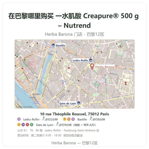 一水肌酸 Creapure® 500 g – Nutrend 巴黎哪里能买到 - 门店地图 Herba Barona Paris 12e