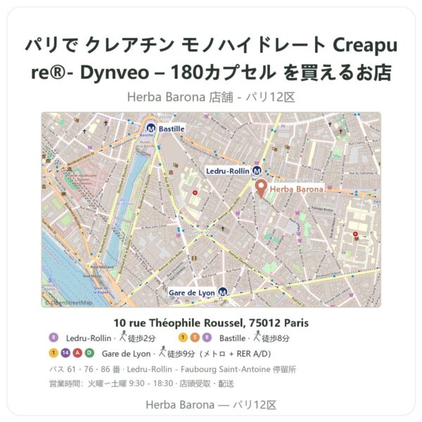 Where to find クレアチン モノハイドレート Creapure®- Dynveo – 180カプセル in Paris - store map Herba Barona Paris 12e