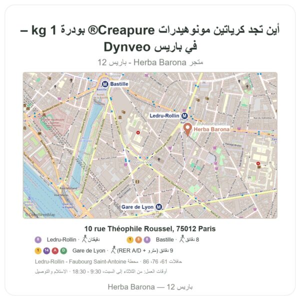 أين تجد كرياتين مونوهيدرات Creapure® بودرة 1 kg – Dynveo في باريس - خريطة المتجر Herba Barona Paris 12e