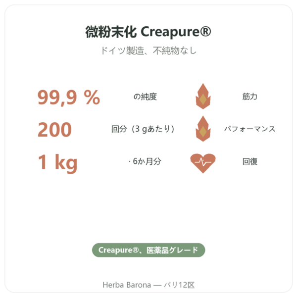 クレアチン モノハイドレート Creapure® パウダー 1 kg – Dynveo benefits and key facts Paris Herba Barona
