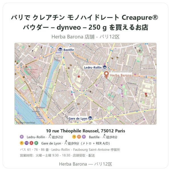 Where to find クレアチン モノハイドレート Creapure® パウダー – dynveo – 250 g in Paris - store map Herba Barona Paris 12e