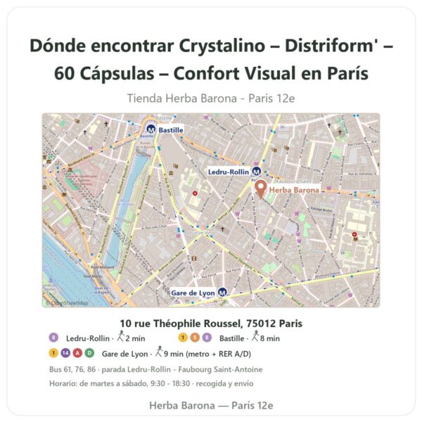 Dónde encontrar Crystalino – Distriform' – 60 Cápsulas – Confort Visual en París - plano de la tienda Herba Barona Paris 12e
