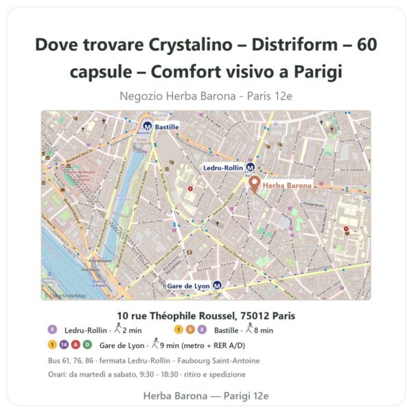 Dove trovare Crystalino – Distriform – 60 capsule – Comfort visivo a Parigi - mappa del negozio Herba Barona Paris 12e