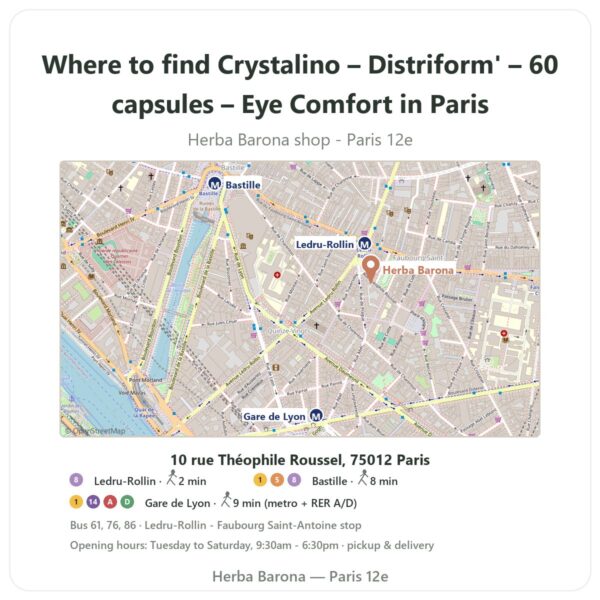 Where to find Crystalino – Distriform' – 60 capsules – Eye Comfort in Paris - store map Herba Barona Paris 12e