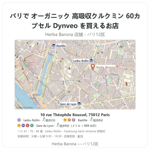 Where to find オーガニック 高吸収クルクミン 60カプセル Dynveo in Paris - store map Herba Barona Paris 12e