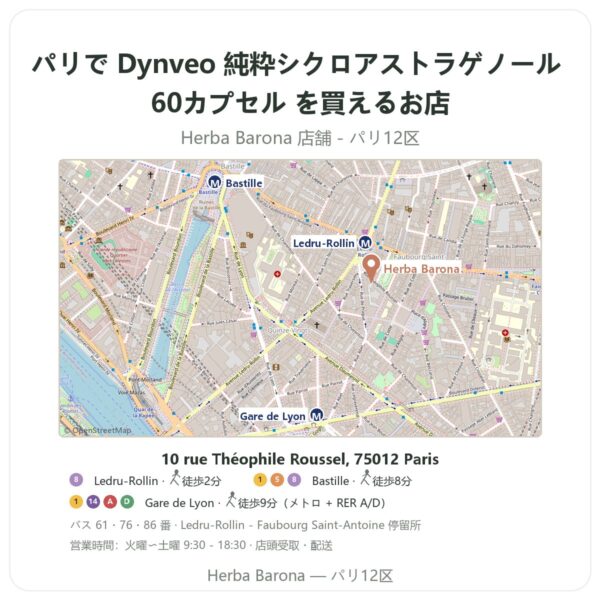 Where to find Dynveo 純粋シクロアストラゲノール 60カプセル in Paris - store map Herba Barona Paris 12e