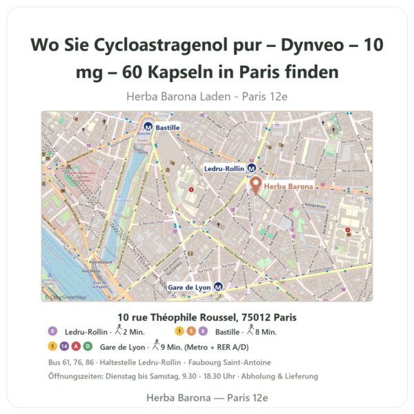 Wo finden Sie Cycloastragenol pur – Dynveo – 10 mg – 60 Kapseln in Paris - Ladenplan Herba Barona Paris 12e