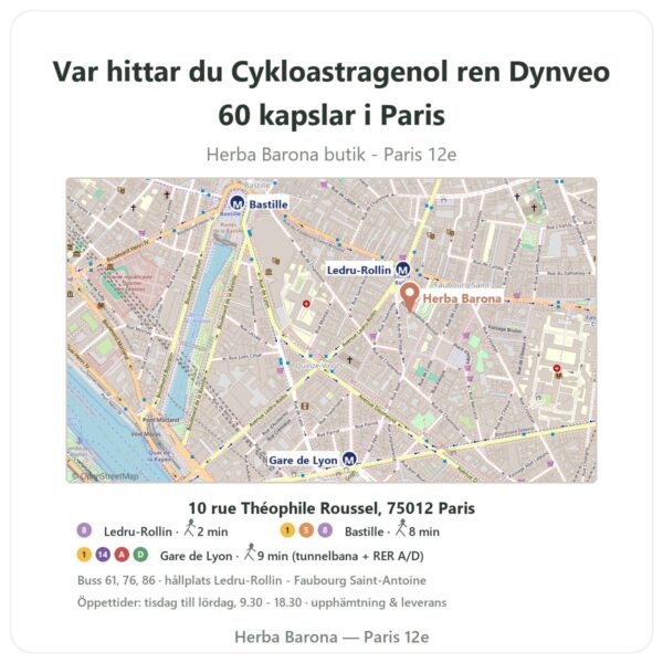 Var hittar du Cykloastragenol ren Dynveo 60 kapslar i Paris - butikskarta Herba Barona Paris 12e