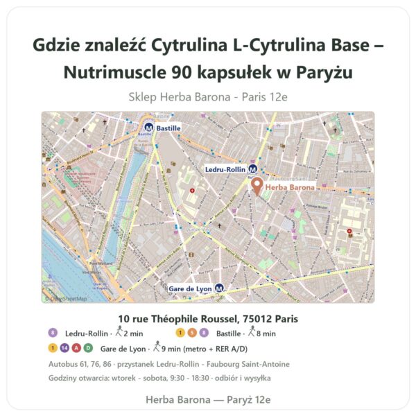 Gdzie znaleźć Cytrulina L-Cytrulina Base – Nutrimuscle 90 kapsułek w Paryżu - mapa sklepu Herba Barona Paris 12e