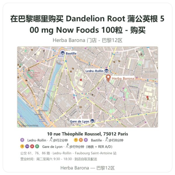 Dandelion Root 蒲公英根 500 mg Now Foods 100粒 - 购买 巴黎哪里能买到 - 门店地图 Herba Barona Paris 12e