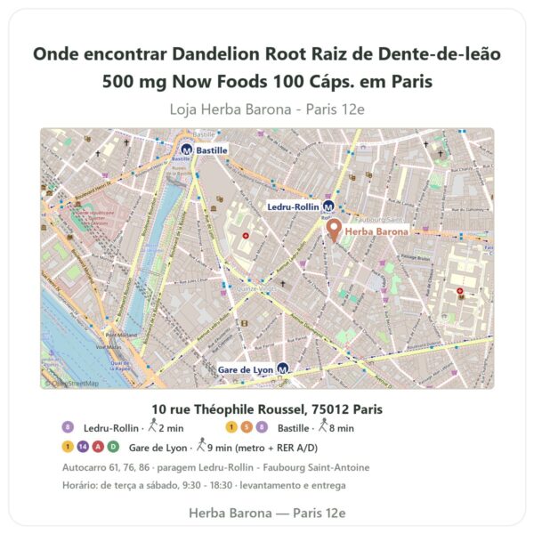 Onde encontrar Dandelion Root Raiz de Dente-de-leão 500 mg Now Foods 100 Cáps. em Paris - mapa da loja Herba Barona Paris 12e