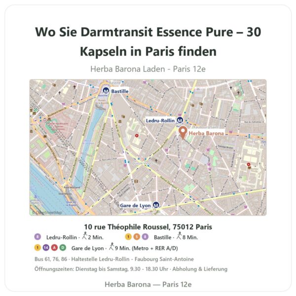 Wo finden Sie Darmtransit Essence Pure – 30 Kapseln in Paris - Ladenplan Herba Barona Paris 12e