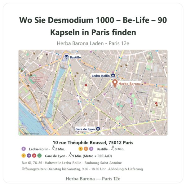 Wo finden Sie Desmodium 1000 – Be-Life – 90 Kapseln in Paris - Ladenplan Herba Barona Paris 12e