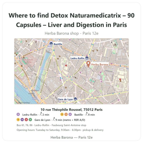 Where to find Detox Naturamedicatrix – 90 Capsules – Liver and Digestion in Paris - store map Herba Barona Paris 12e