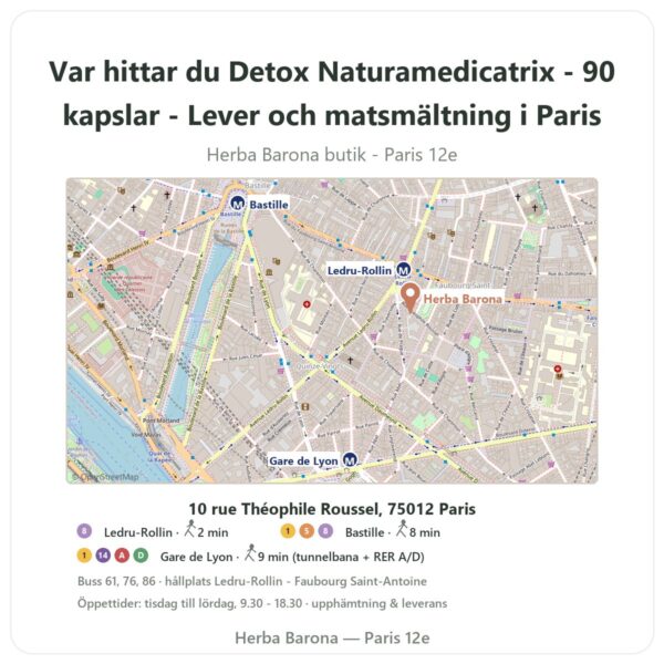 Var hittar du Detox Naturamedicatrix - 90 kapslar - Lever och matsmältning i Paris - butikskarta Herba Barona Paris 12e