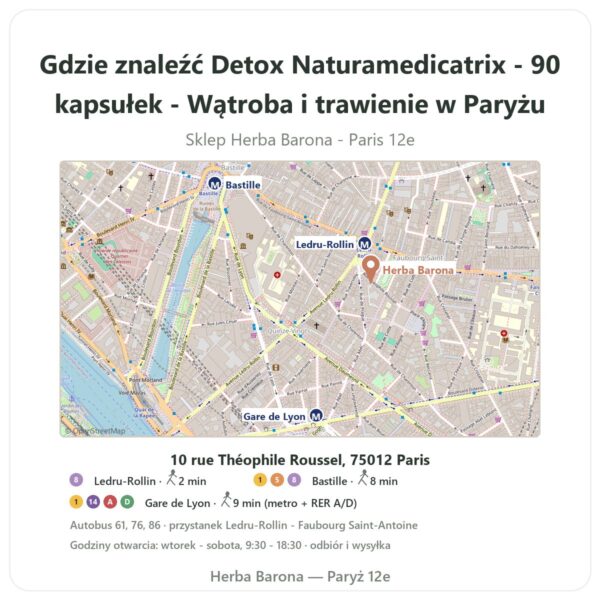 Gdzie znaleźć Detox Naturamedicatrix - 90 kapsułek - Wątroba i trawienie w Paryżu - mapa sklepu Herba Barona Paris 12e