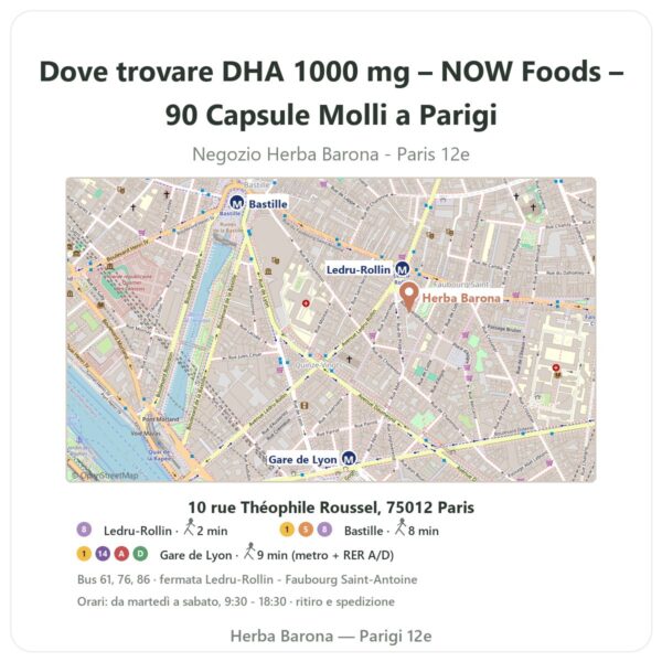 Dove trovare DHA 1000 mg – NOW Foods – 90 Capsule Molli a Parigi - mappa del negozio Herba Barona Paris 12e